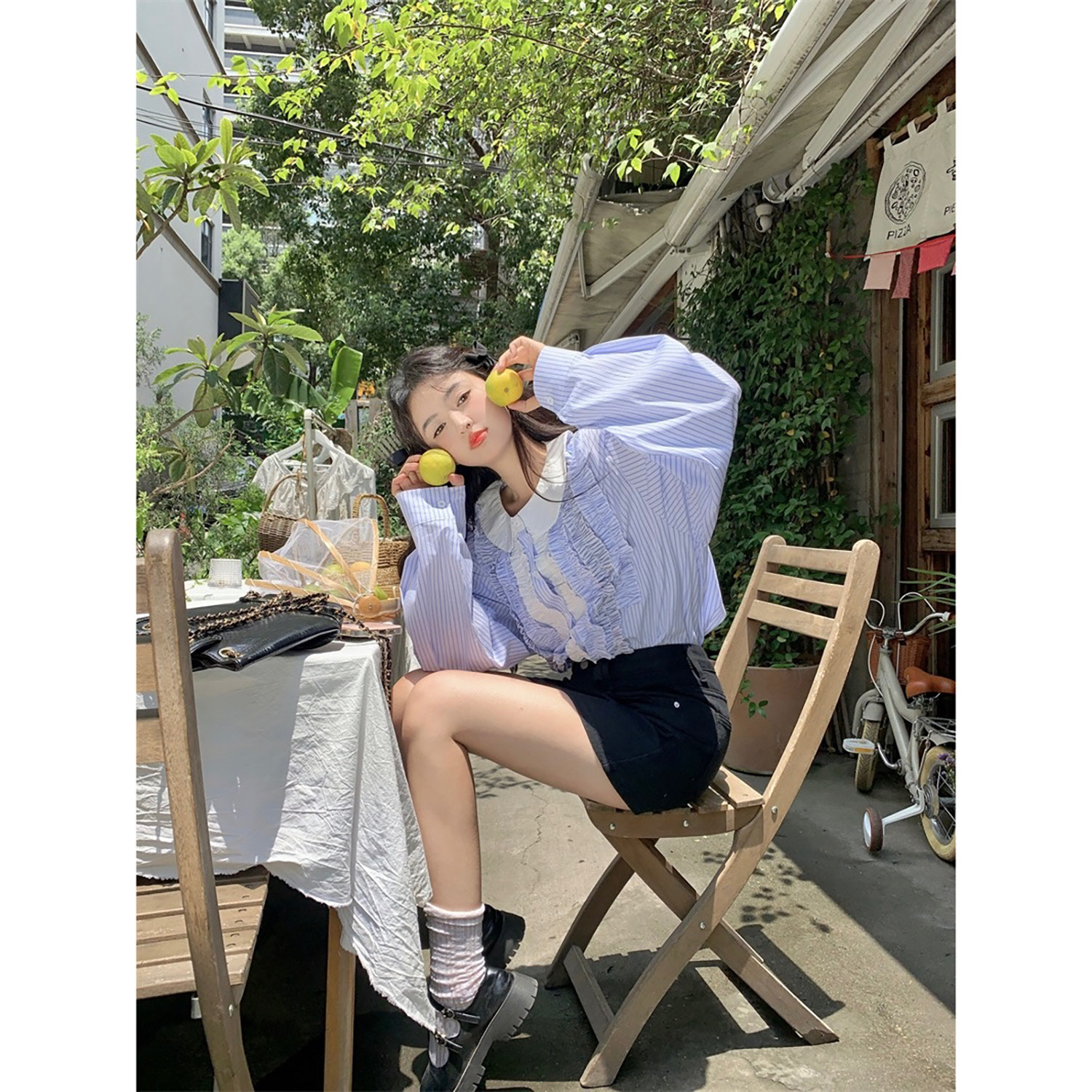 范雯雯 海派甜茶 韩式少女条纹衬衫春季温柔甜美风宽松蓝色上衣女