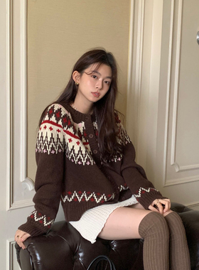 范雯雯 琥珀晚秋 撞色提花针织开衫女冬甜美费尔岛宽松毛衣外套
