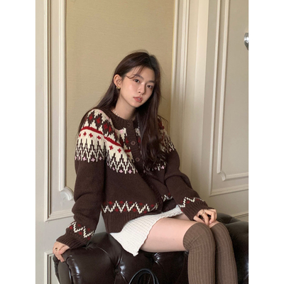 范雯雯 琥珀晚秋 撞色提花针织开衫女冬甜美费尔岛宽松毛衣外套