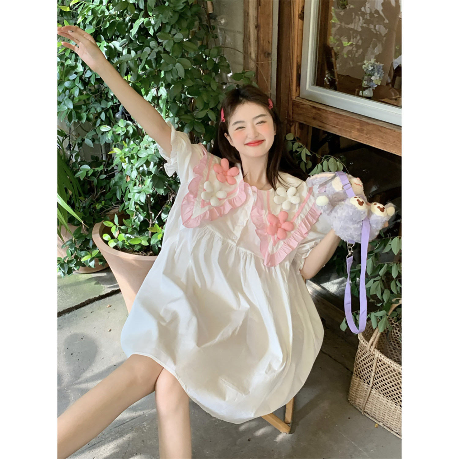 范雯雯 少女甜品屋 宽松花朵连衣裙女春季学院甜美a字衬衫短裙子