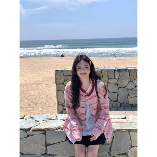 彩色云条甜美风彩色条纹针织开衫