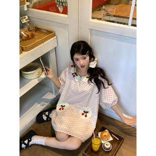 范雯雯 21/ww 荔枝波点 拼接针织娃娃领波点裙夏甜美樱桃连衣裙女