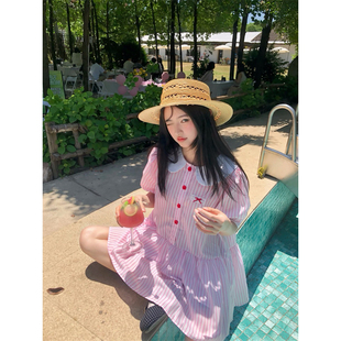 范雯雯 蜜桃甜心 粉色少女夏季条纹衬衫裙女甜美泡泡袖短款连衣裙