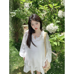 范雯雯 松子百合 韩系V领木耳年边薄款系带衬衫女夏减龄甜美上衣