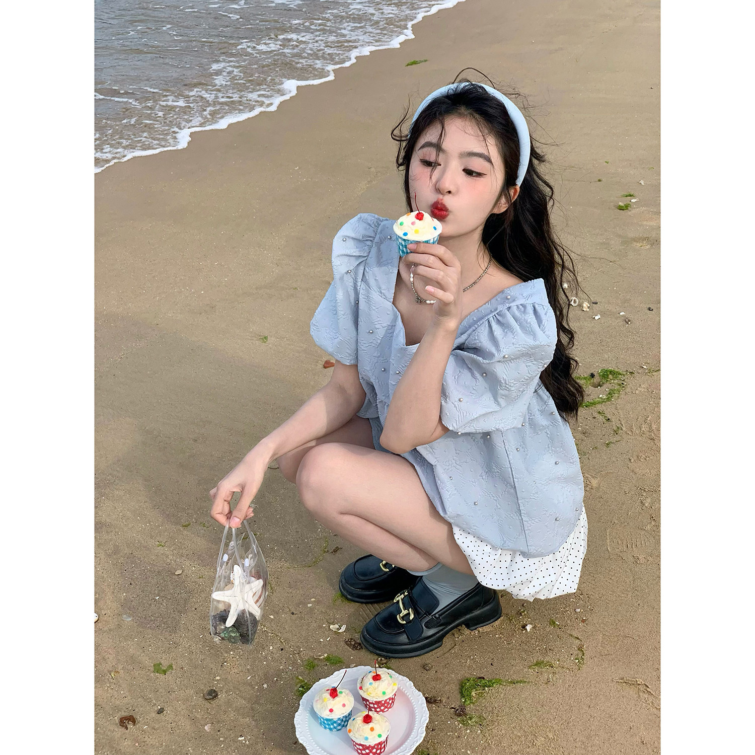 范雯雯 海盐白巧 方领泡泡袖衬衫女夏季甜美法式高腰宽松短款上衣