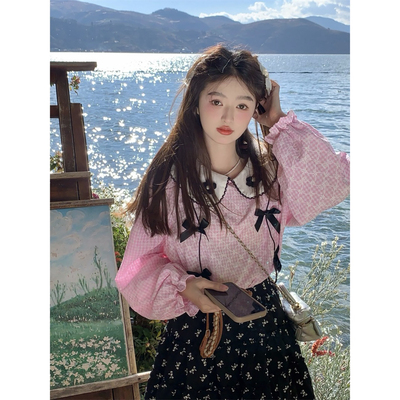 范雯雯  少女情节 法式甜美蝴蝶结娃娃领衬衫宽松粉色长袖上衣