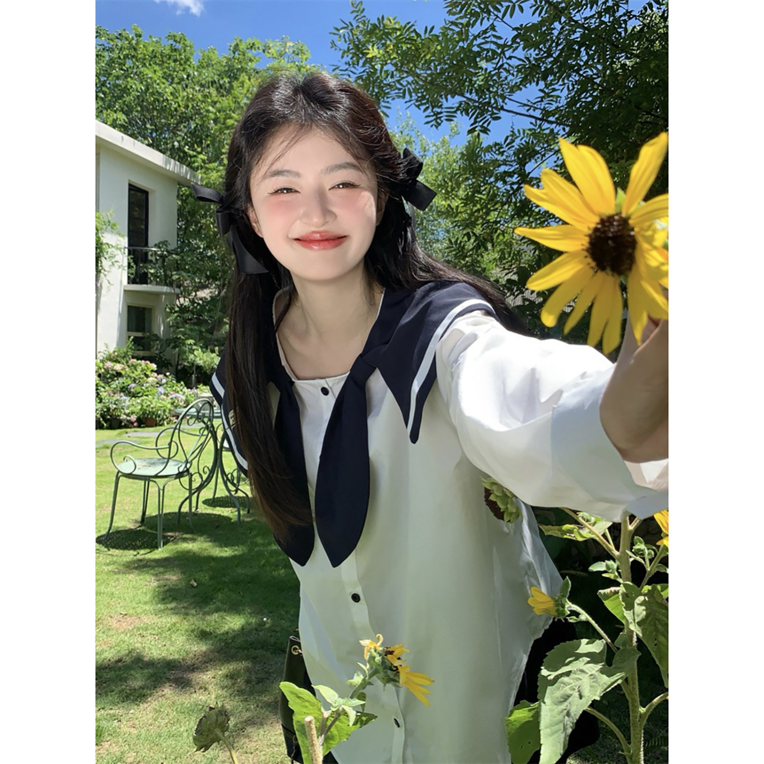 范雯雯 藤校学妹 海军领撞色衬衫女春季学院风白色长袖宽松上衣