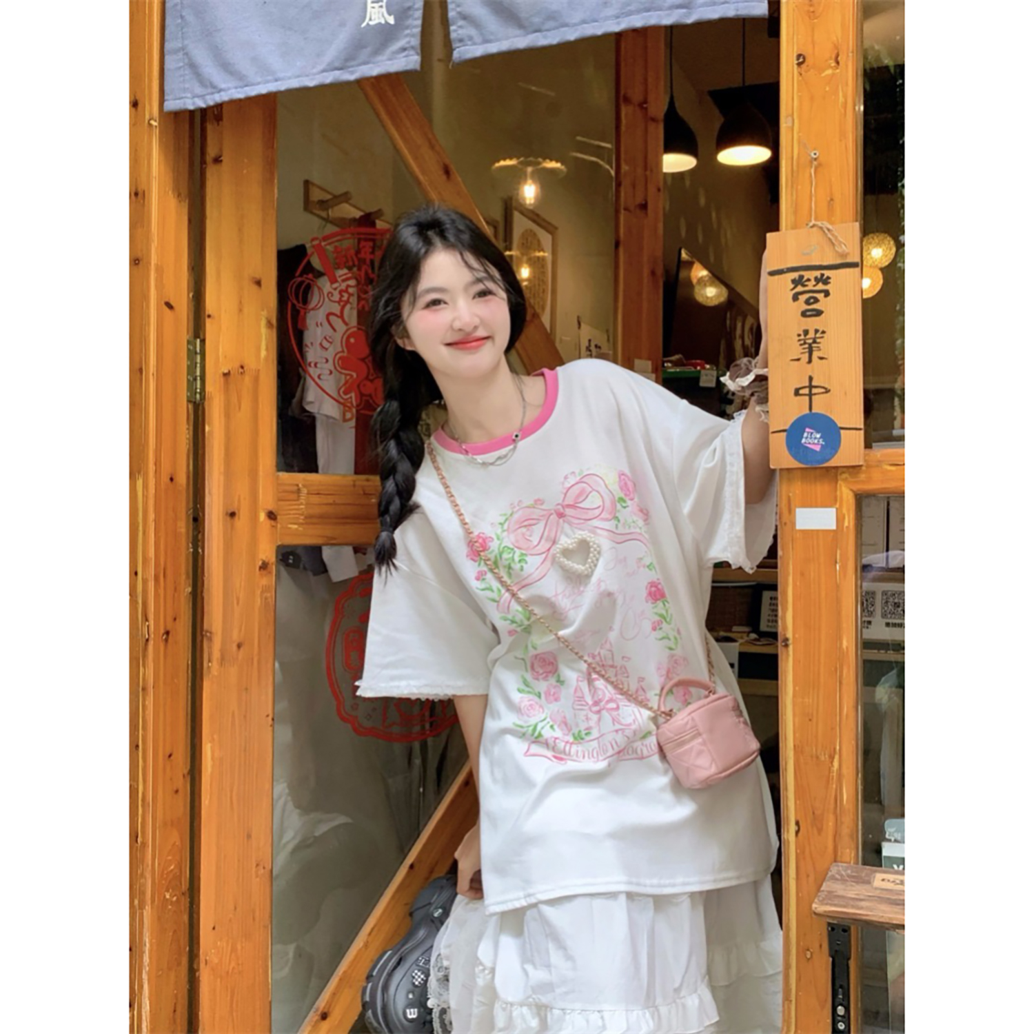 范雯雯 糖豆少女 蝴蝶结甜美印花T恤女夏季花边设计感宽松上衣