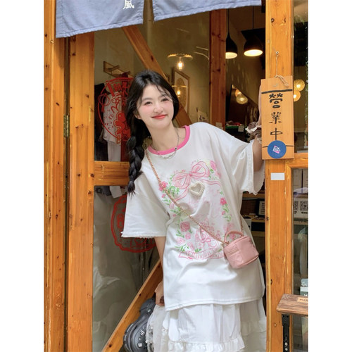 范雯雯 糖豆少女 百搭学院甜美印花T恤女夏季可爱宽松上衣