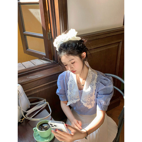 范雯雯 新泽西少女 蕾丝娃娃领短袖格子衬衫女夏季甜美泡泡袖上衣