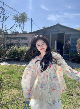 范雯雯 海棠花舍 系带泡泡袖碎花衬衫春甜美法式少女宽松百搭上衣