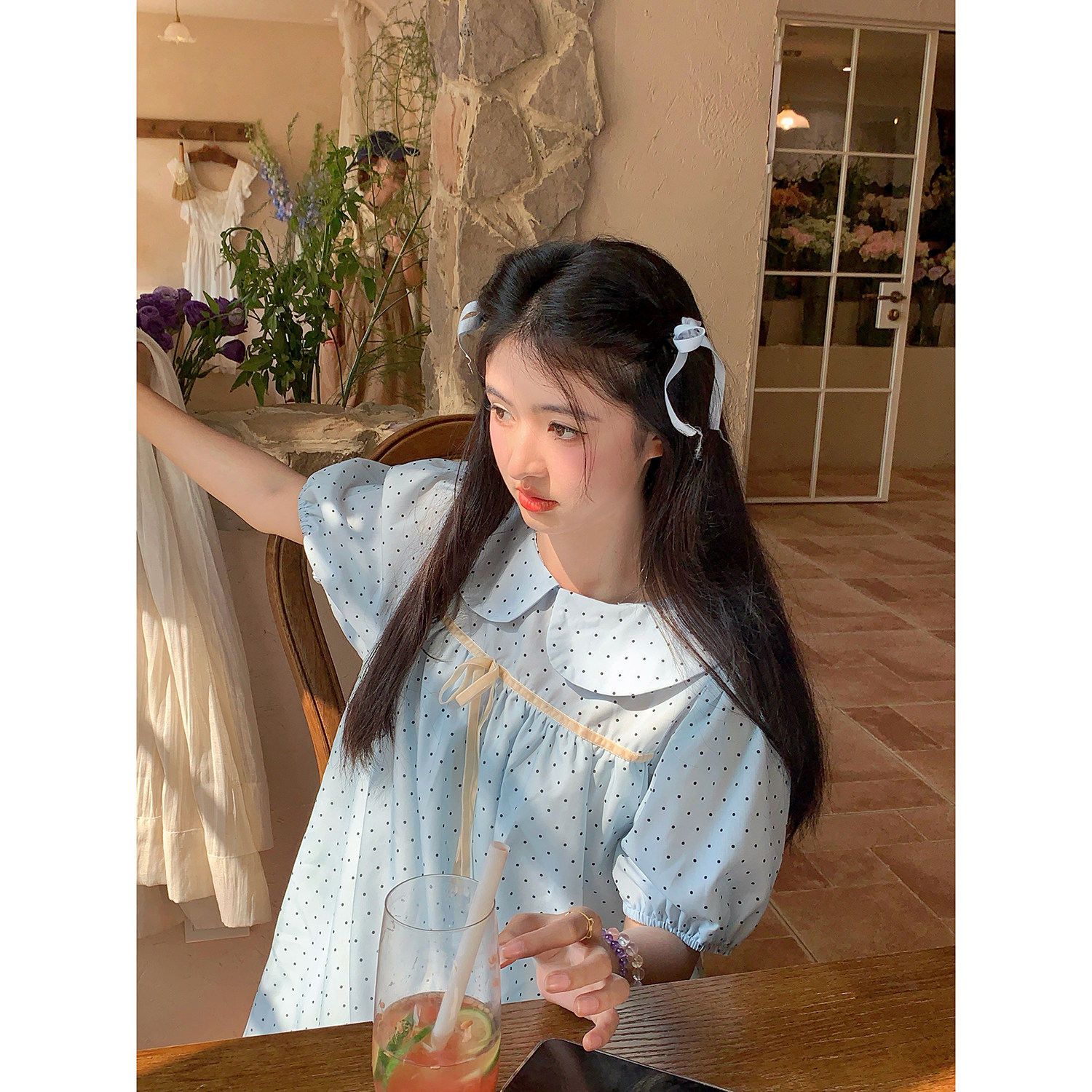 范雯雯 浅蓝风铃 波点泡泡袖可爱短裙子夏季撞色花边少女连衣裙女