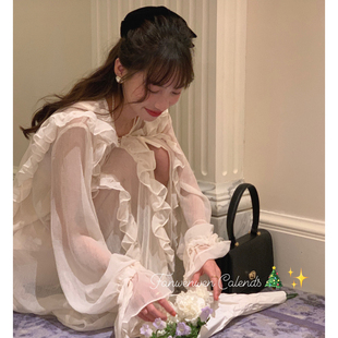 范雯雯 温柔浅浅杏 薄纱喇叭袖花边连衣裙女夏季法式薄款防晒裙子