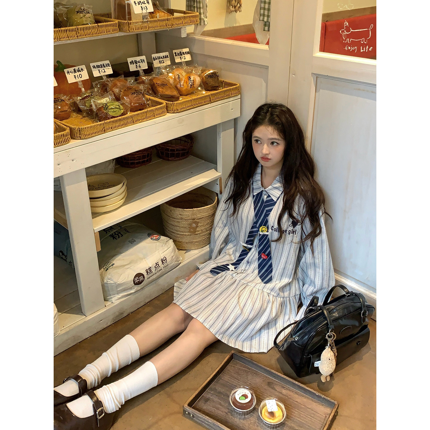范雯雯 美高甜心 美式学院条纹复古衬衫裙女少女风短款长袖连衣裙