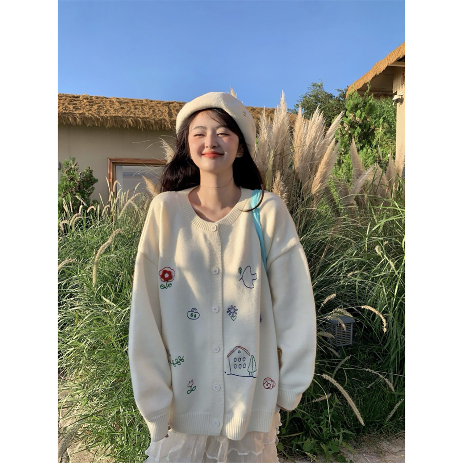 秋晨暖意可爱花朵刺绣针织开衫