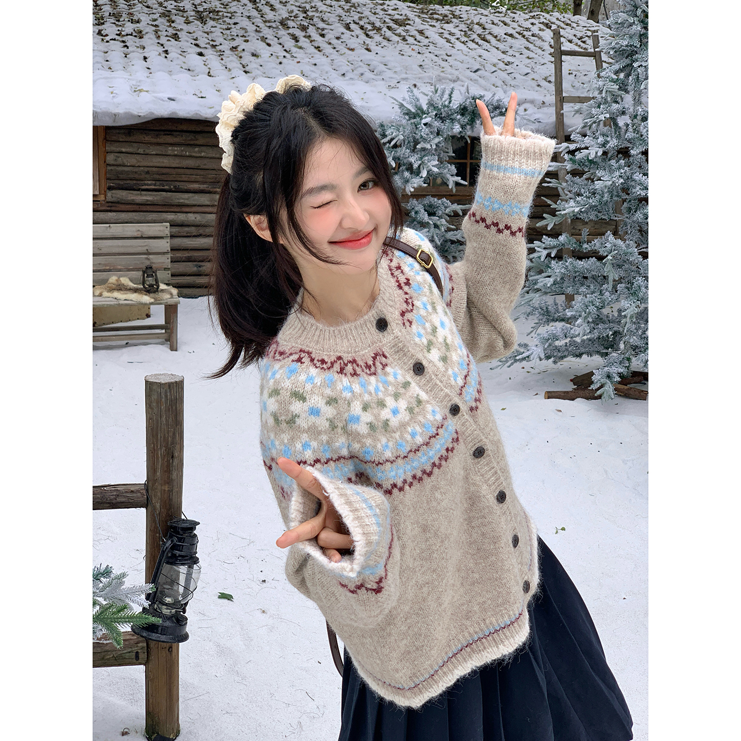 范雯雯 17/ww 雪季可可酱 费尔岛提花针织开衫女圆领复古毛衣