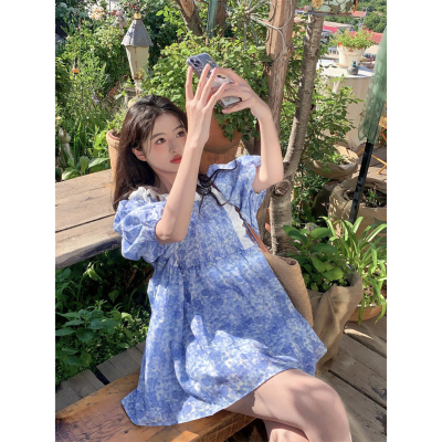 范雯雯 蓝雾岛屿 甜美少女甜美蓝色短袖连衣裙女夏宽松A字短裙