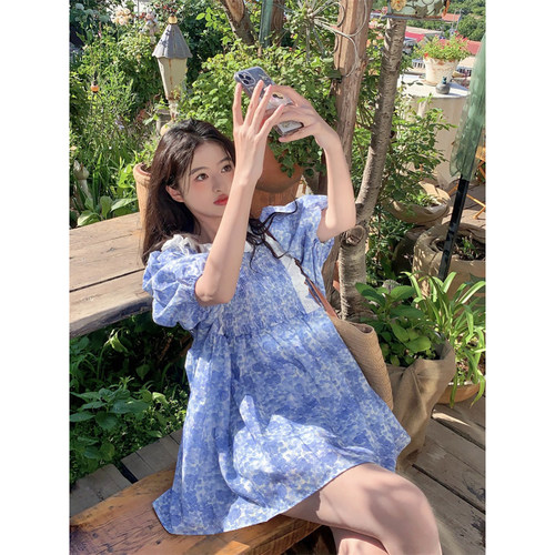 范雯雯 蓝雾岛屿 甜美少女甜美蓝色短袖连衣裙女夏宽松A字短裙