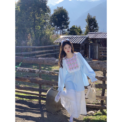 范雯雯 海盐碎碎冰 蕾丝拼接喇叭袖连衣裙女夏季甜美法式菱格上衣