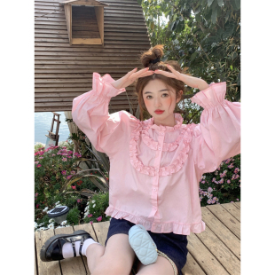 灵动少女 衬衫 范雯雯 立领木耳边泡泡袖 温柔甜美上衣 女夏季 法式