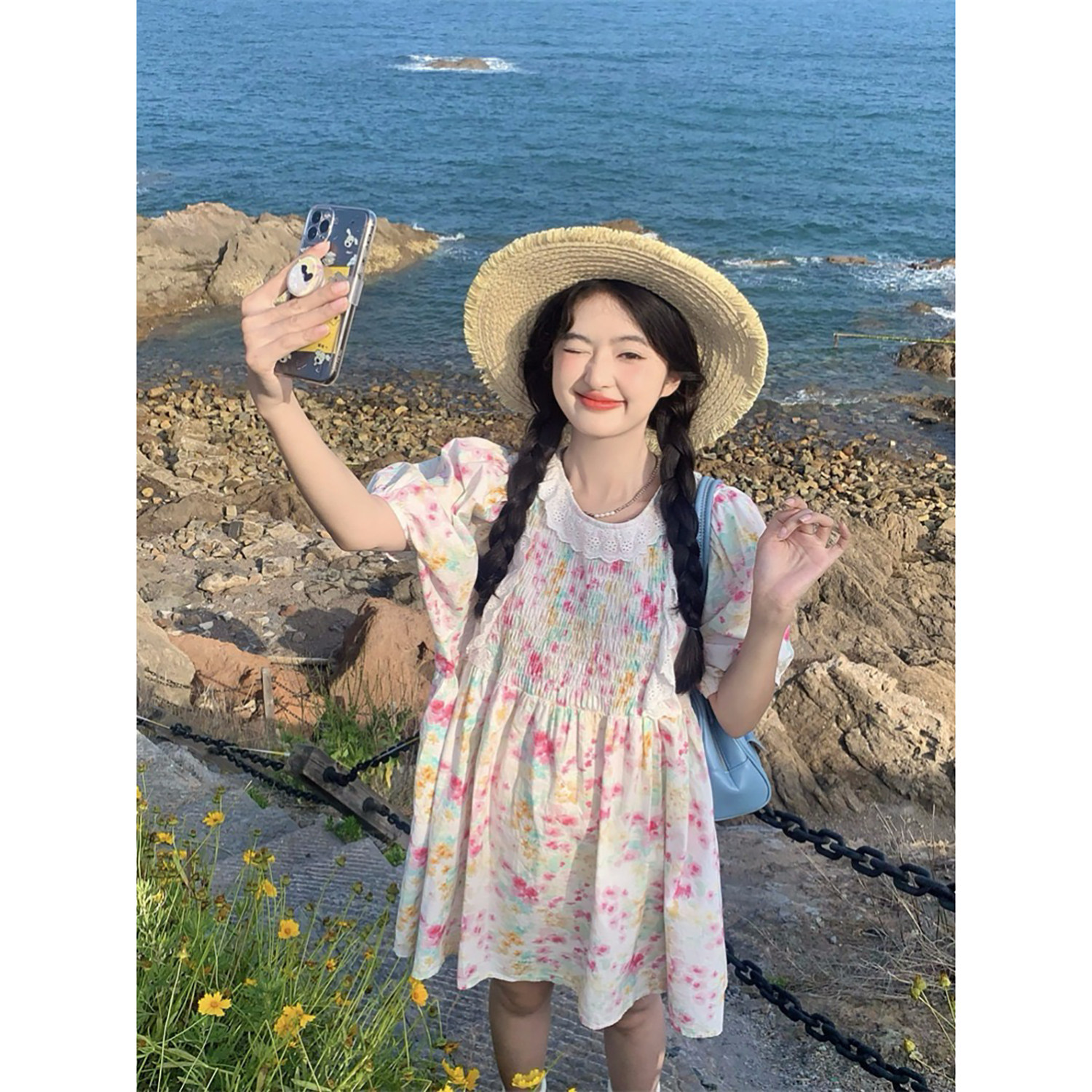 范雯雯 花神爱意 温柔粉色碎花显瘦a字连衣裙女夏蕾丝高腰短裙子