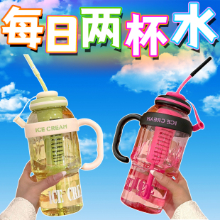 新款 夏季 吸管杯学生高颜值水杯大容量男女塑料杯便携把手花茶杯子