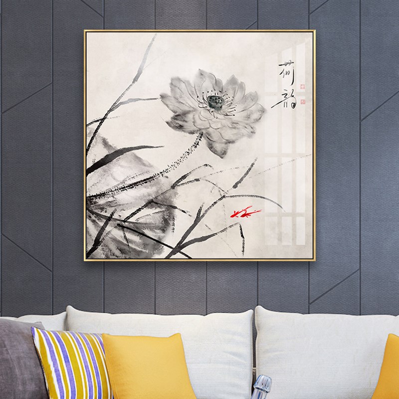 中式新中式水墨竹子荷花餐厅装饰画创意艺术Z背景墙挂画图片
