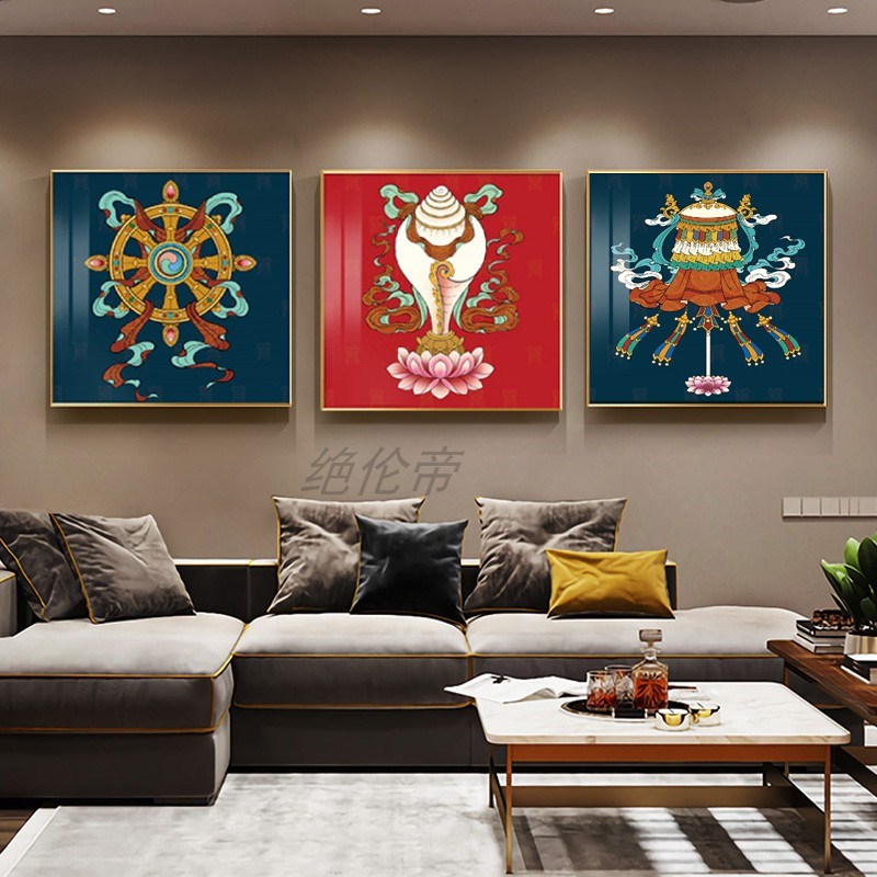 网红八藏吉祥挂h画式玄客厅沙发背景墙装饰画藏族吉祥八宝民族风图片