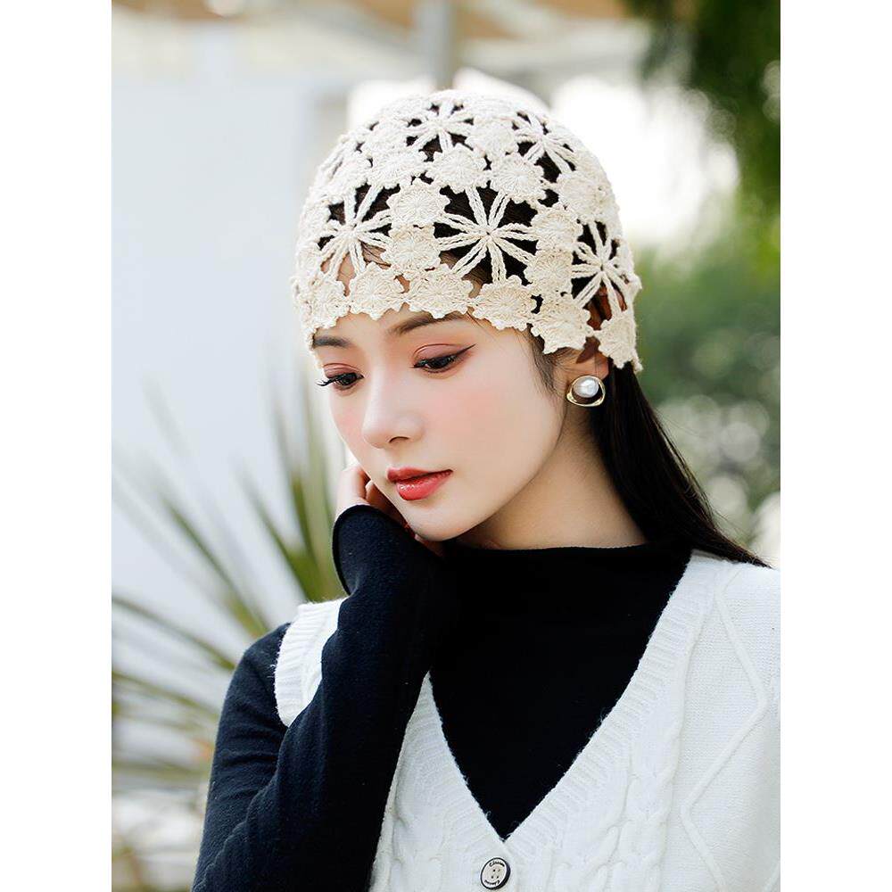 帽子女时尚薄款镂空钩花毛线帽春夏新款女士针织花朵包头帽显脸小