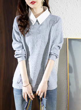 速发经新百搭刺绣4母上衣式202字年秋装典款大码装灰色假两件卫衣