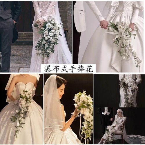 速发白绿韩式手捧花瀑布形新娘花束婚礼照古民国风拍复手具道捧花