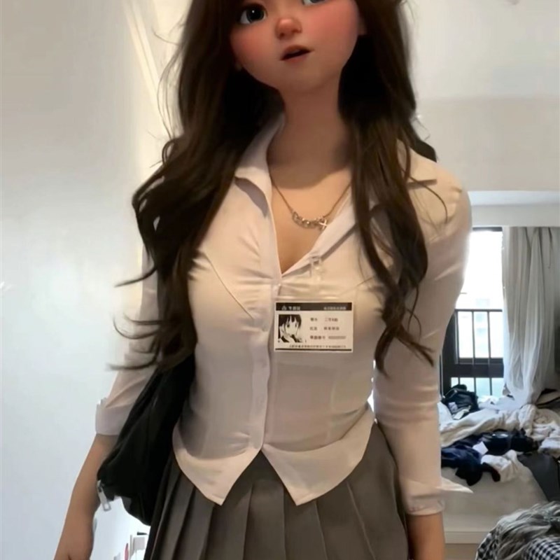 速发jk制风纯欲收腰妹色学院服辣白长袖衬衣内搭上衣秋