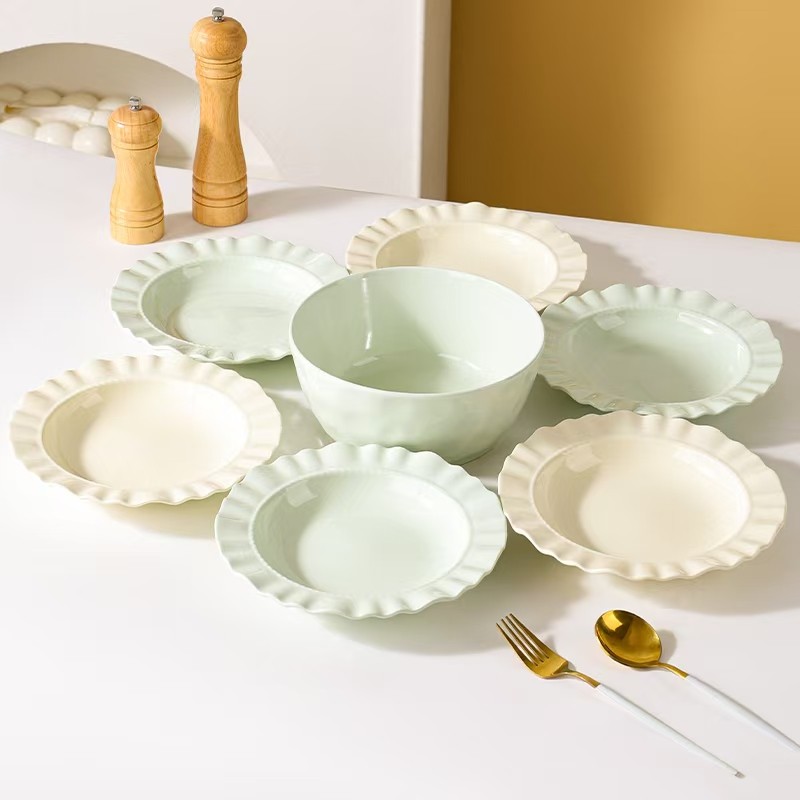 芬利兰【7个装】/赫本风/-法式花边餐具7件套6盘1大碗-1
