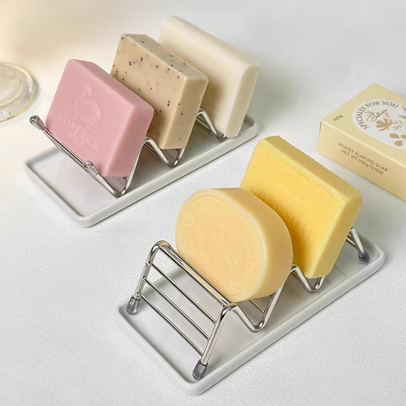 肥皂盒不锈钢家用卫生间陶瓷碟沥水肥皂托浴室创意W型香皂置物架