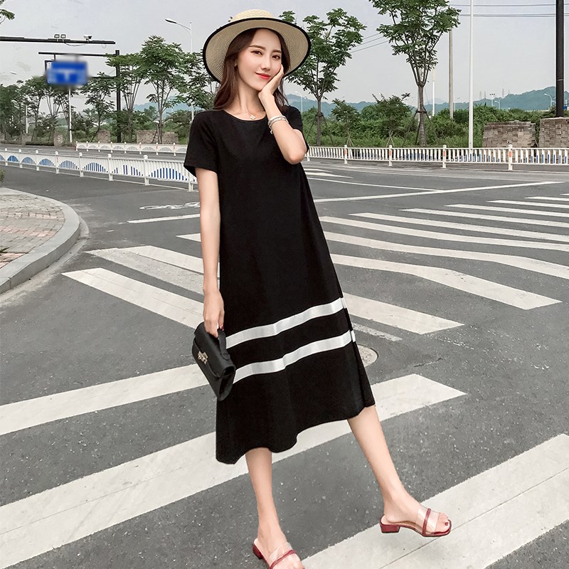 好货孕妇连衣裙夏2025新款韩版黑色长裙大码宽松显瘦时尚外出短袖