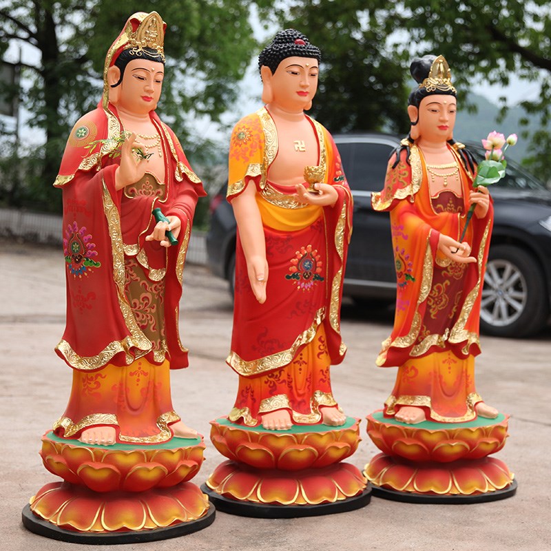 好货寺庙树脂佛像1米3高西方三圣佛像站西方三圣鎏金三圣摆件古彩
