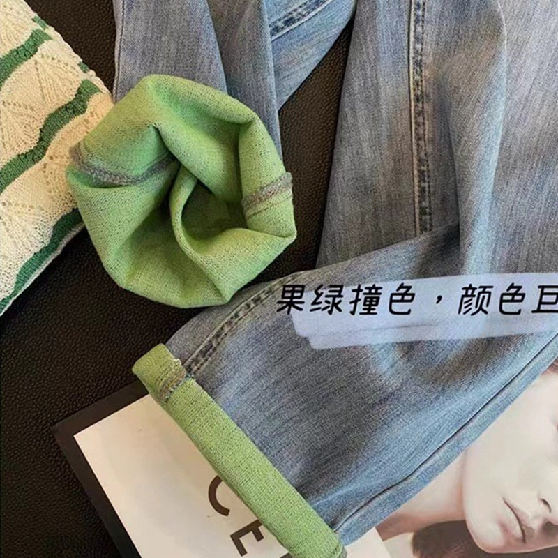 好货孕妇裤子夏季薄款宽松撞色卷边孕妇牛仔裤九分裤孕妇裤春秋款