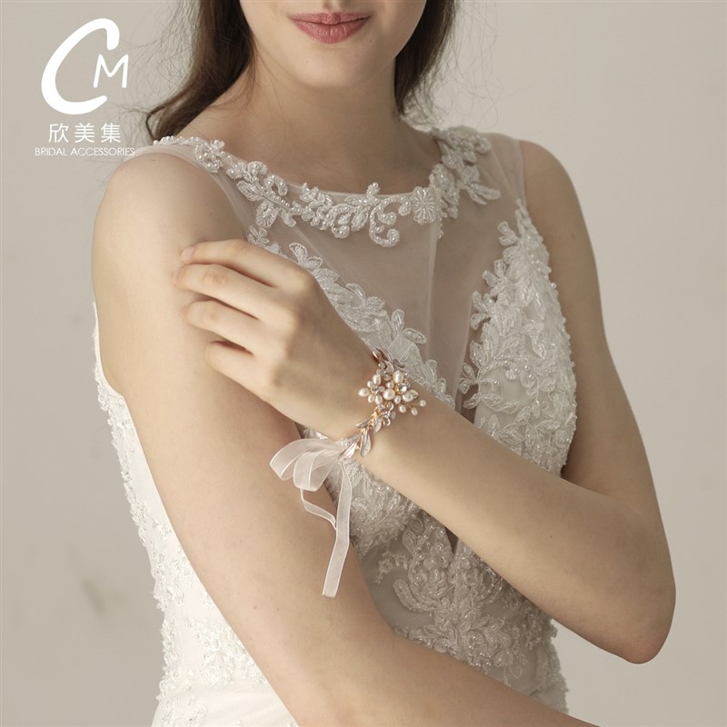好货O581新款欧式珍珠水钻合金新娘手链 金色手腕饰品结婚礼婚纱
