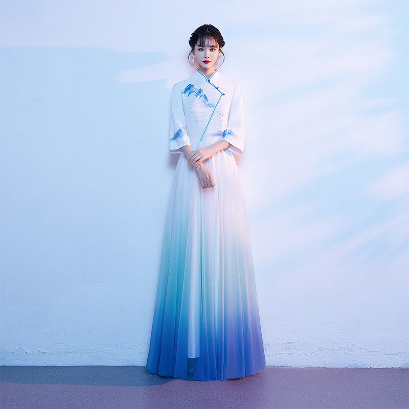 大合唱团演出服女中国风演出服装古筝二胡演奏新中式礼服渐变长裙