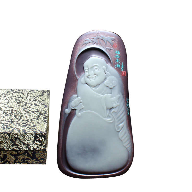 歙砚名师精品砚台 福如东海 紫袍玉带原石收藏摆件端砚艺术许亚祥