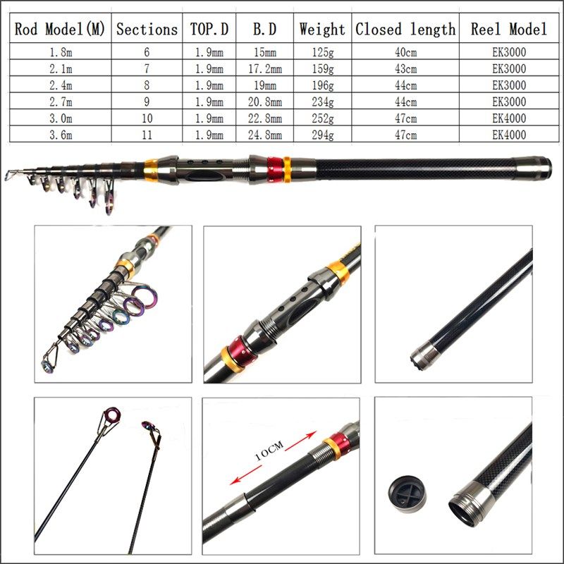 极速1.8-3.6m carbon telescopic fishing rod combo spinning re