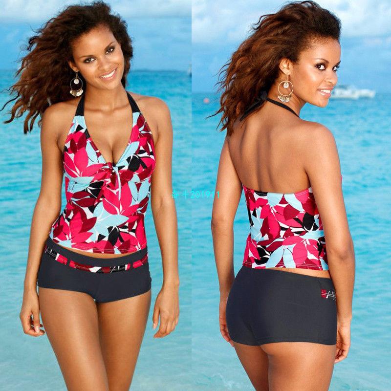 Women Floral Printing Backless halter Swimwear Tankini Swims