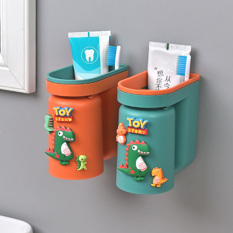儿童漱口杯壁挂式卡通刷牙杯子男孩女孩牙刷牙杯牙膏置物架挂壁缸