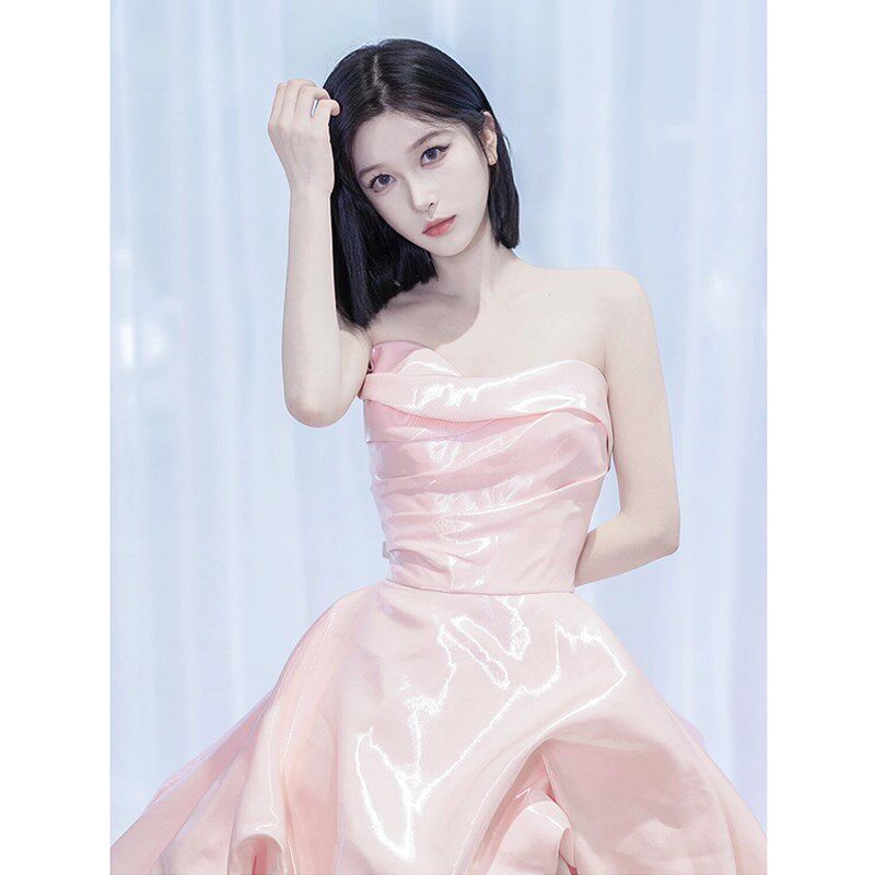 粉色抹胸晚礼服高端轻奢名媛缎面订婚生日成人礼主持人宴会蓬蓬裙