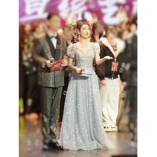 蓝色闪闪晚礼服高端轻奢小众学生日成人礼声乐艺考表演主持连衣裙