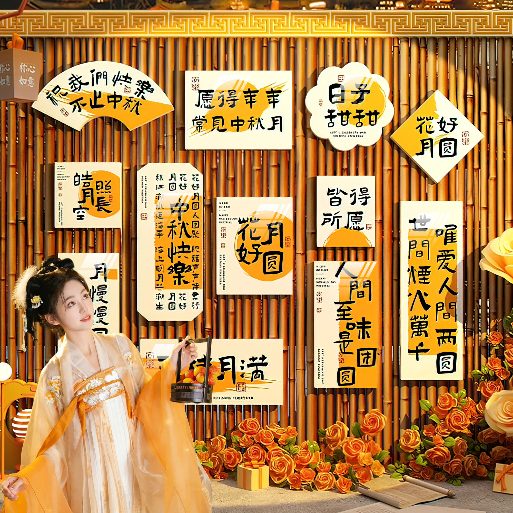 新品中秋节活动主题场景氛围布置教室装I饰品商场幼儿园环创背景