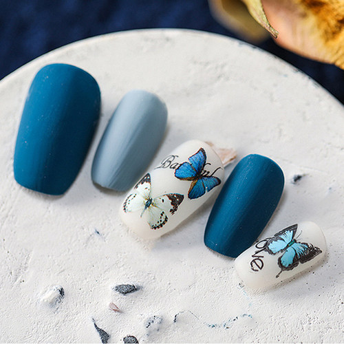 好货1 Sheet Blue Butterfly 3D Nail Stickers Flowers Leaves S