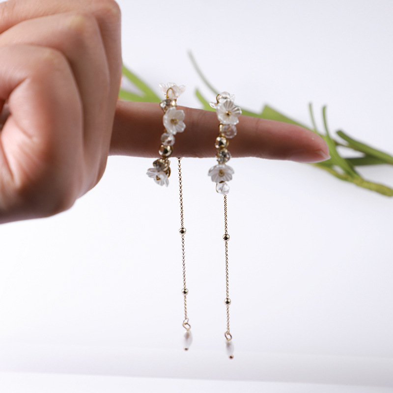 -Kenjie simple diamond hoops long womens flower pearl earri