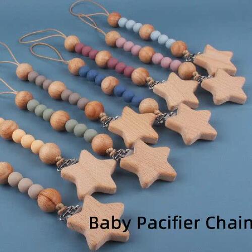 好货Baby Silicone Pacifier Chain Beech Wood Heart Pacifier