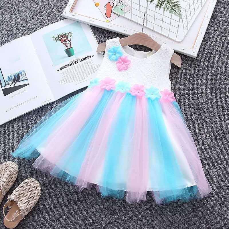 2022童装夏季娃娃裙儿童彩虹背心连衣裙超洋气韩版黄色蓝色公主裙